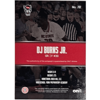 DJ Burns Jr.: 2024 ONIT NC State Basketball Autograph Numbered 15/110