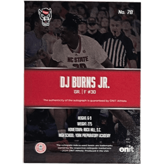 DJ Burns Jr.: 2024 ONIT NC State Basketball Autograph Numbered 22/110