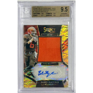 Baker Mayfield 2018 Select Prime Selections Material Signatures Prizm Neon Orange Pulsar #1 BGS 9.5